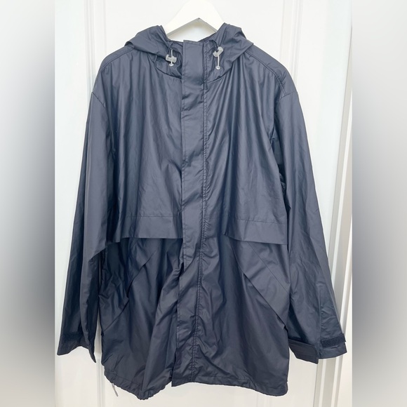 Vtg 90s Lands End Navy Blue Polyvinyl Hood Vent Rain Coat Jacket Men’s Size XL - Picture 1 of 11